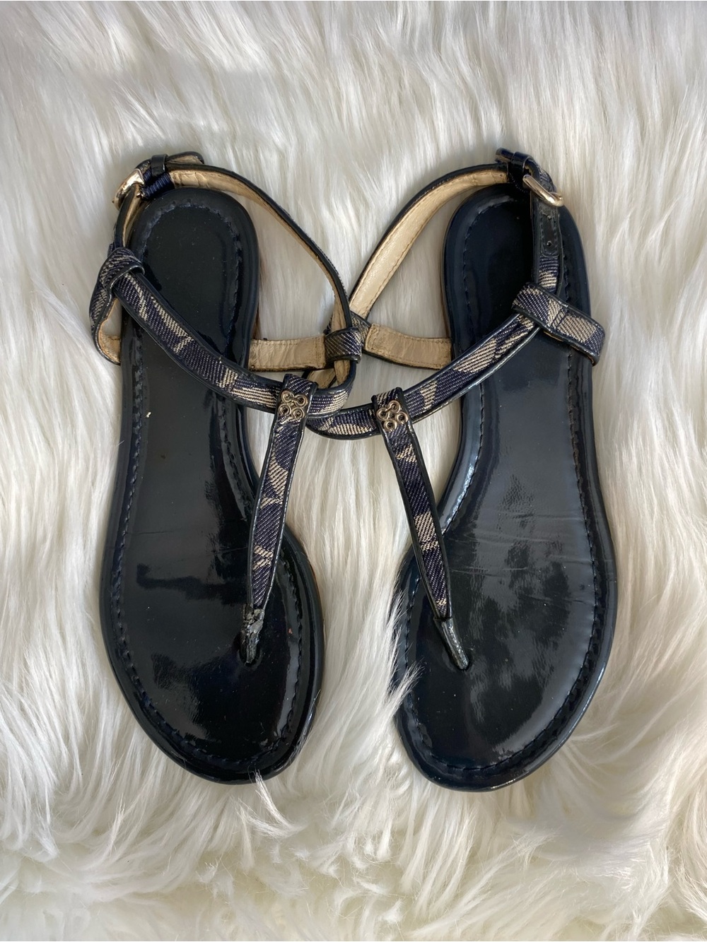 Coach Black Patent T-Strap Sandals with Signature Logo Straps